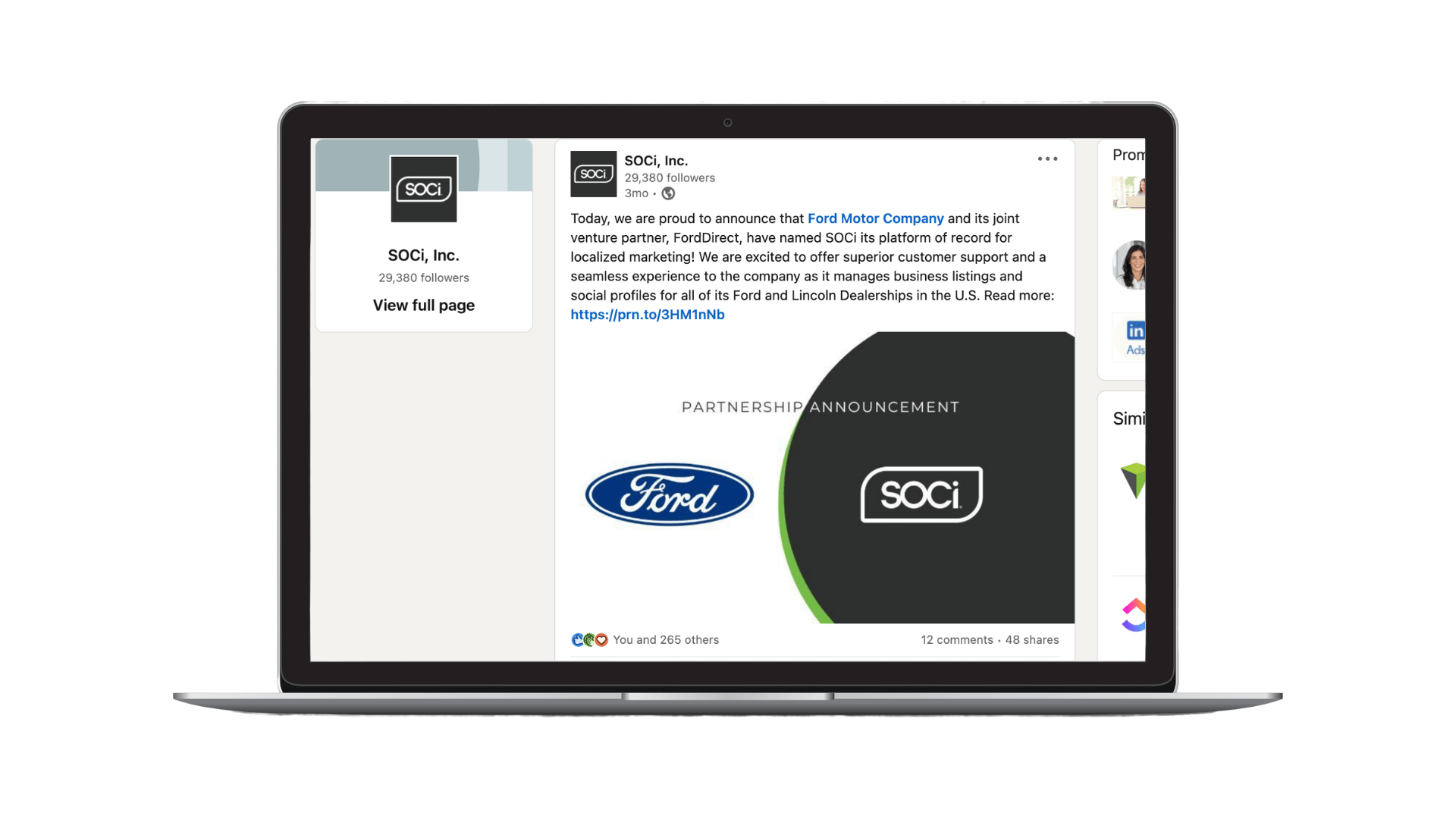 Image of a SOCi LinkedIn post showing a partnership between Ford Motors and SOCi on a laptop overlay