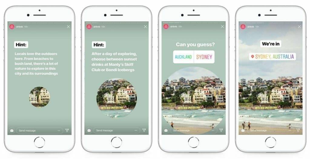 four screenshots of an Instagram story showing a beach and house