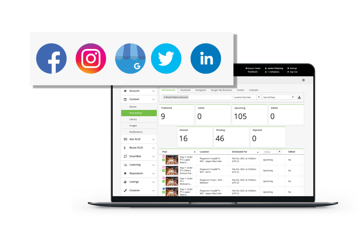 SOCi Social Solution showing how you can schedule posts on Facebook, Twitter, Instagram, and LinkedIn