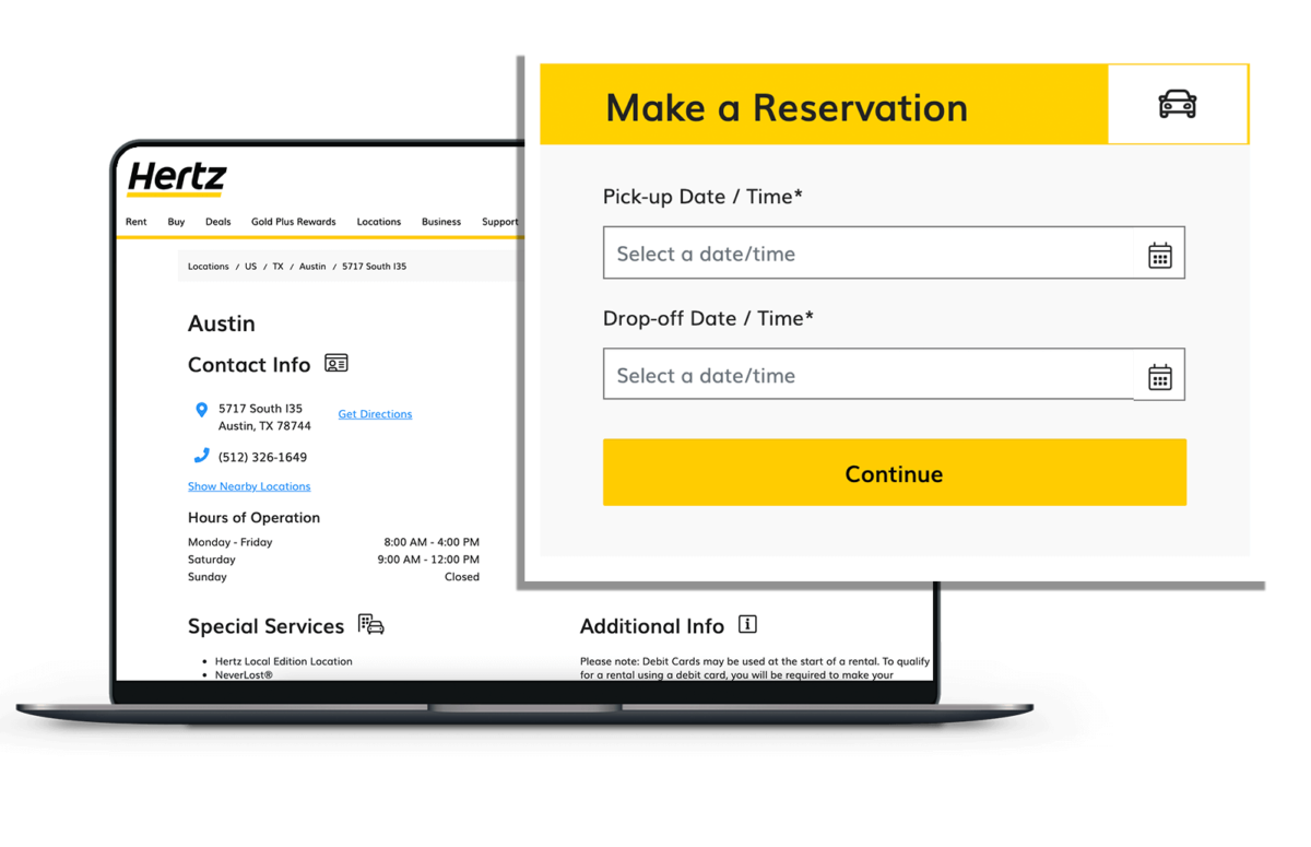 Screenshot of Hertz's local landing page with a blown up reservation image