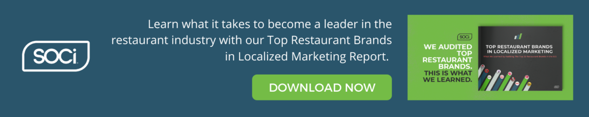Download button for SOCi's 2021 Restaurant Localized Marketing Report with a blue background and green download button