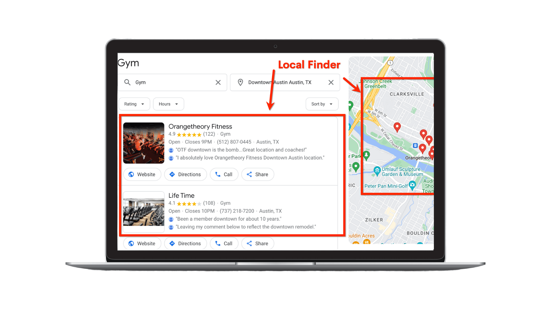 Local Finder on map with red arrows overlayed on laptop