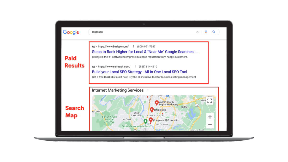 Local SEO SERP Paid Results Laptop Overlay