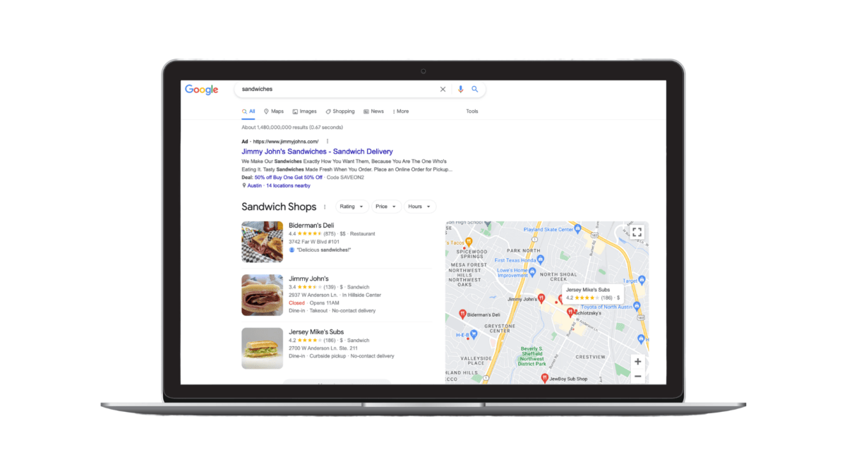 Sandwiches results, Google 3-Pack Laptop Overlay