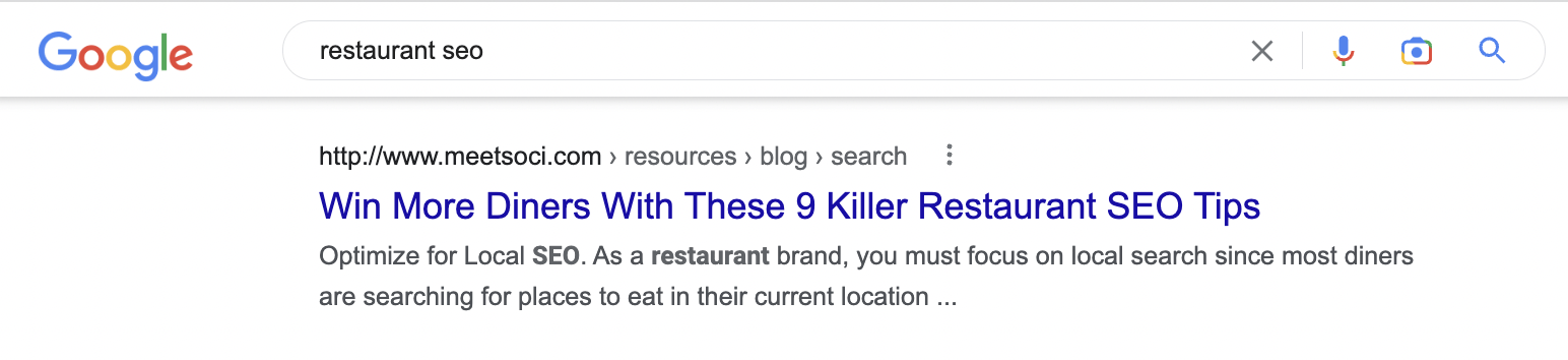 An example of a meta description for the search "restaurant SEO"