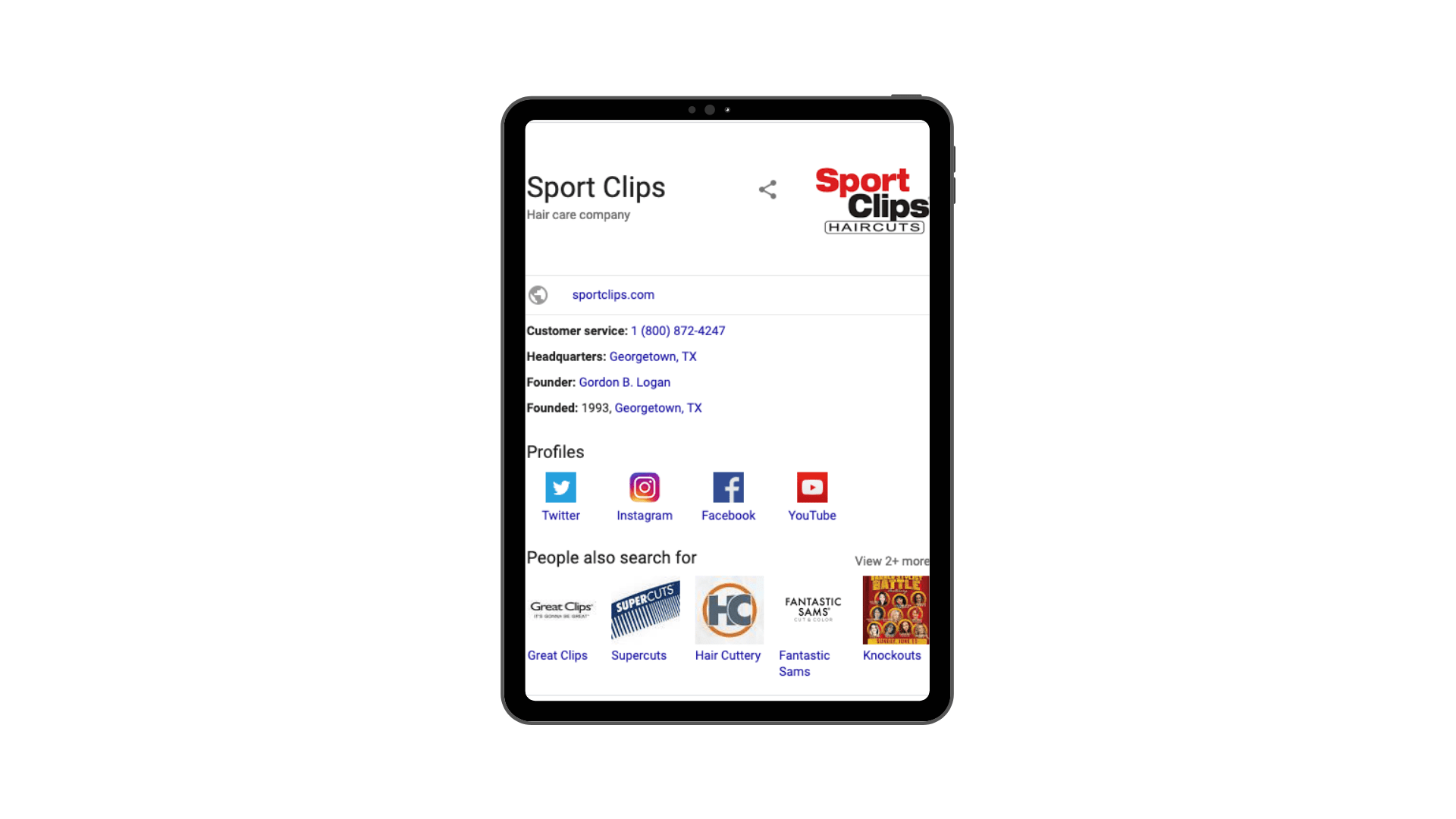 Sports Clips local search result showing the Google Knowledge Panel with information about the location, social media icons and profiles, and people also searched for box