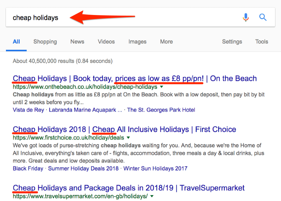 Example of title tags on the Google SERP for the keyword, cheap holidays