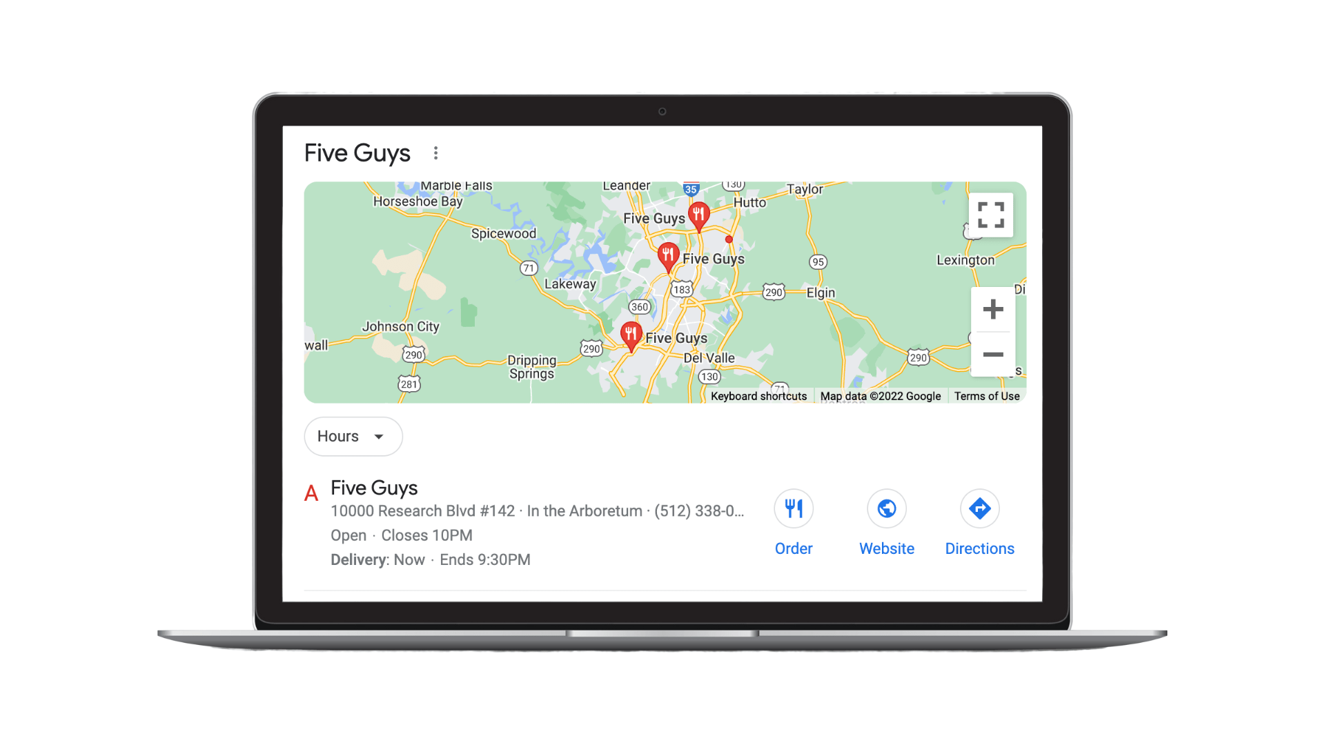 Google Local Pack of Five Guys on a laptop