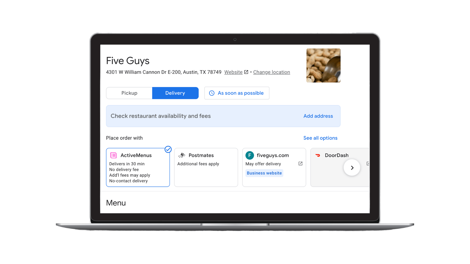 Screenshot of Five Guys online ordering in Google on a laptop