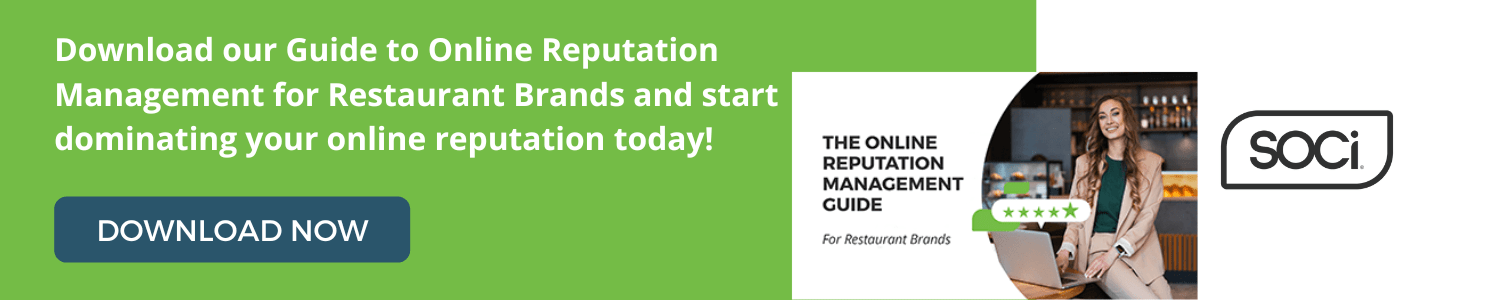 Download button for SOCi’s online reputation management guide for restaurant brands. Green background with white text and a woman in a suit sitting over a laptop in a restaurant