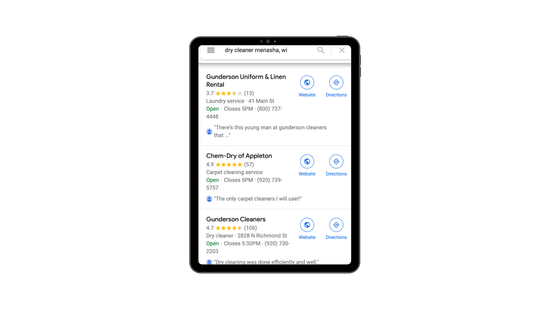 Screenshot of dry cleaning services with reviews on a tablet in Google Maps
