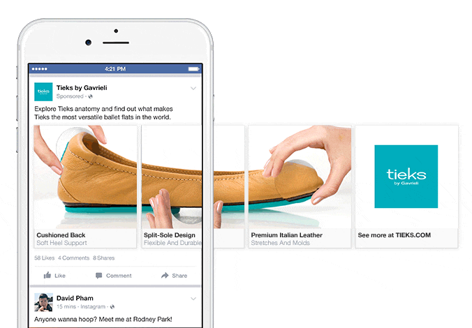 Facebook carousel Ads Example gif of a shoe product by Tieks