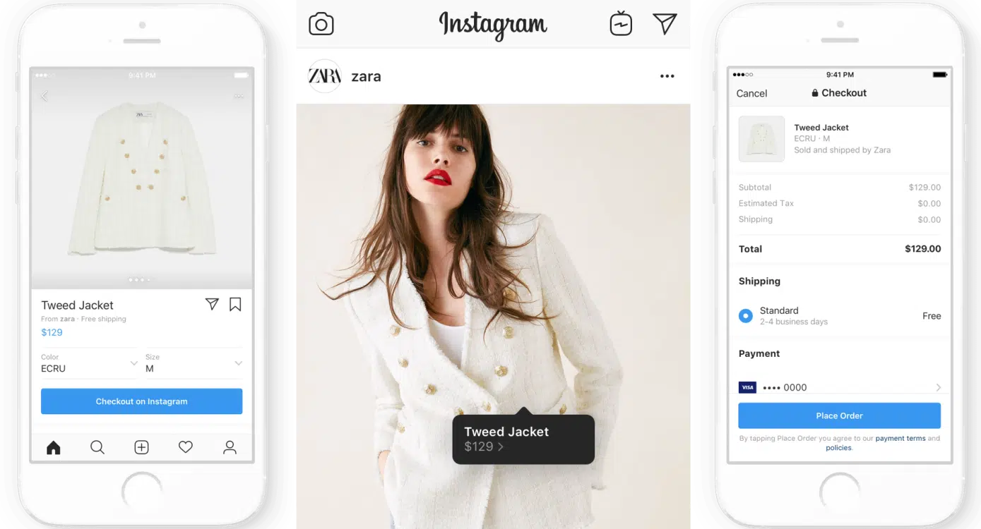 Two iphones showing a white jacket in Instagram shops ad with a blow up of a white woman sporting the white jacket