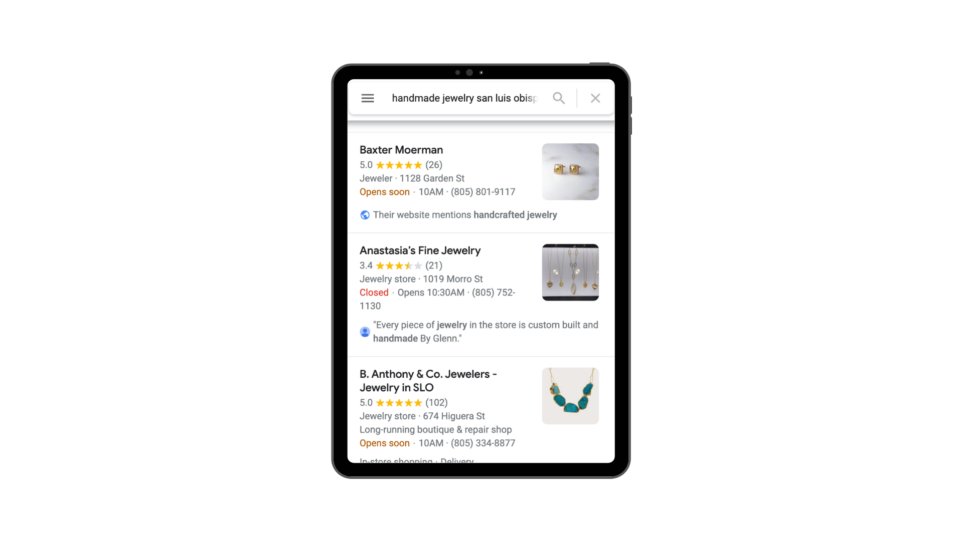 Screenshot of jewelry product photos on a tablet in Google Maps 