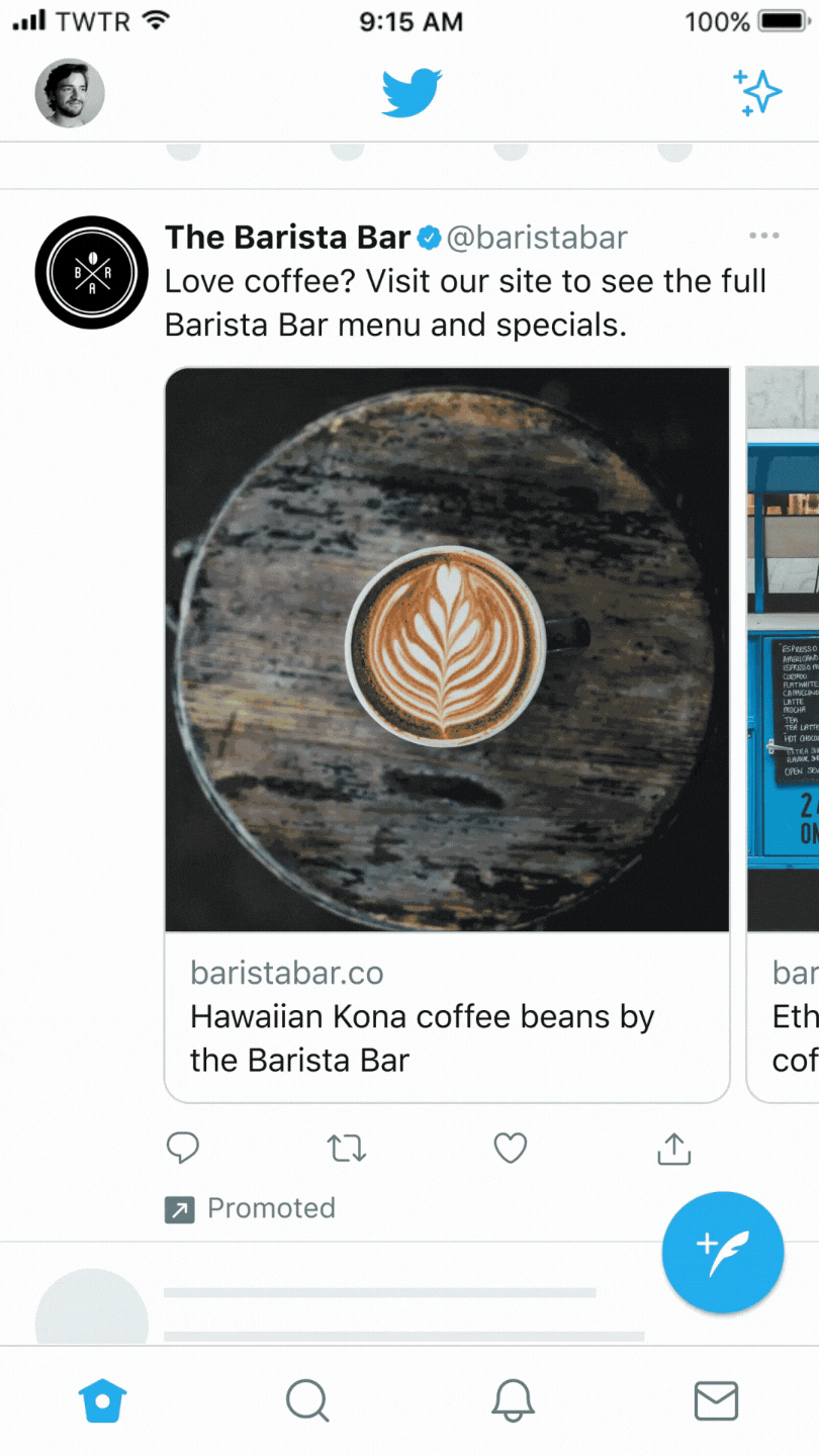 Carousel ad on Twitter showing a coffee drink, coffee beans, and a blue delivery truck