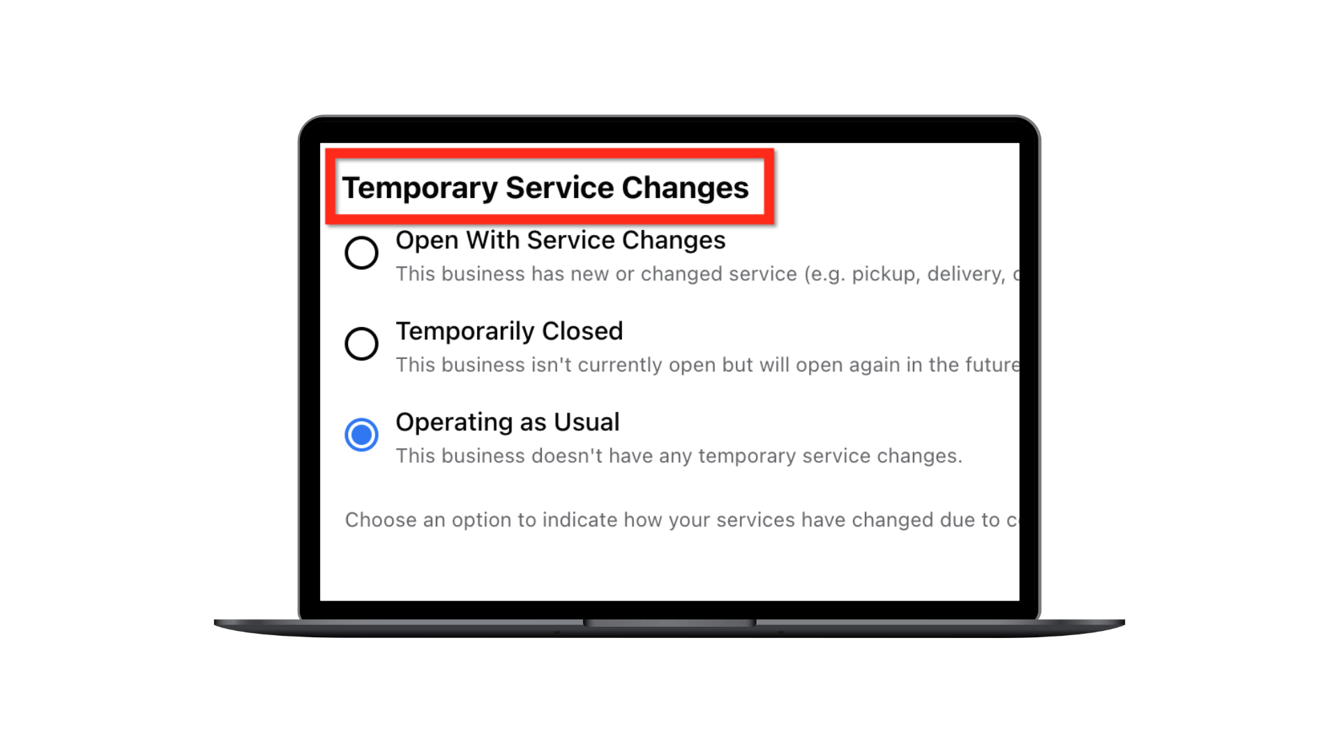 Screenshot on a laptop of editing temporary service changes on a Facebook Business Page