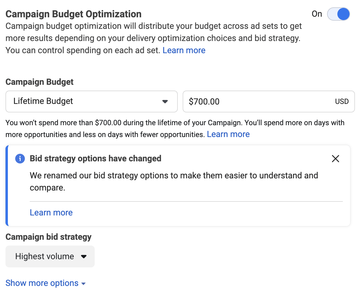 A screenshot from Meta Ads Manager showing how to create a budget