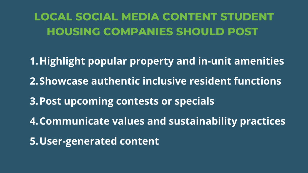 A numbered list of five types of social media content student housing companies should post in white text with a blue background