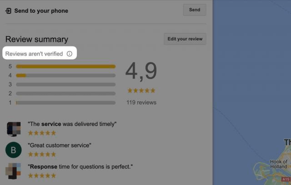 non-verified reviews example on a Google Business Profile