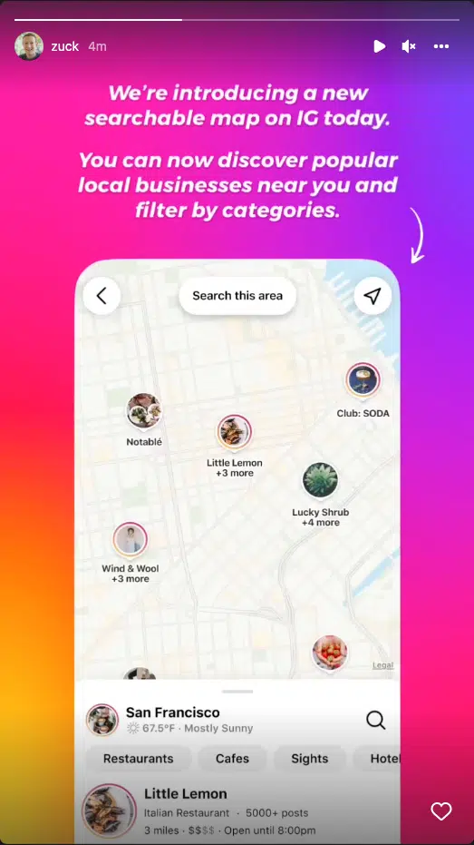 Instagram searchable maps story from Zuckerburg