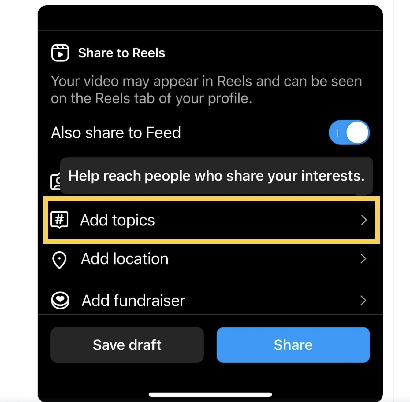 An image showing how you can "select a topic" in the settings when you're uploading an Instagram Reel