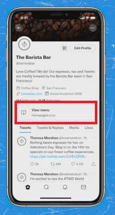 Smartphone with a blue background showing Twitter's new Link Spotlight CTA