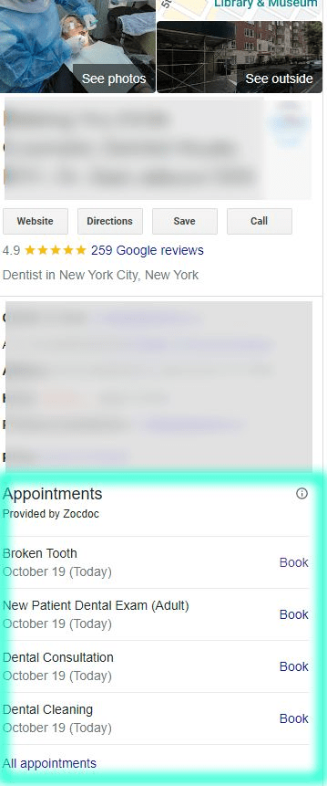 An image showcasing how Google is highlighting third party appointment links in healthcare. This example is for dentistry