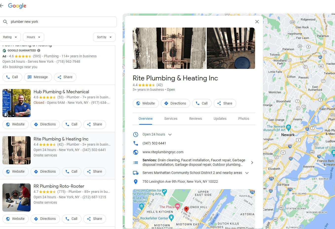 An example of a local listing from Rite Plumbing and Heating on Google