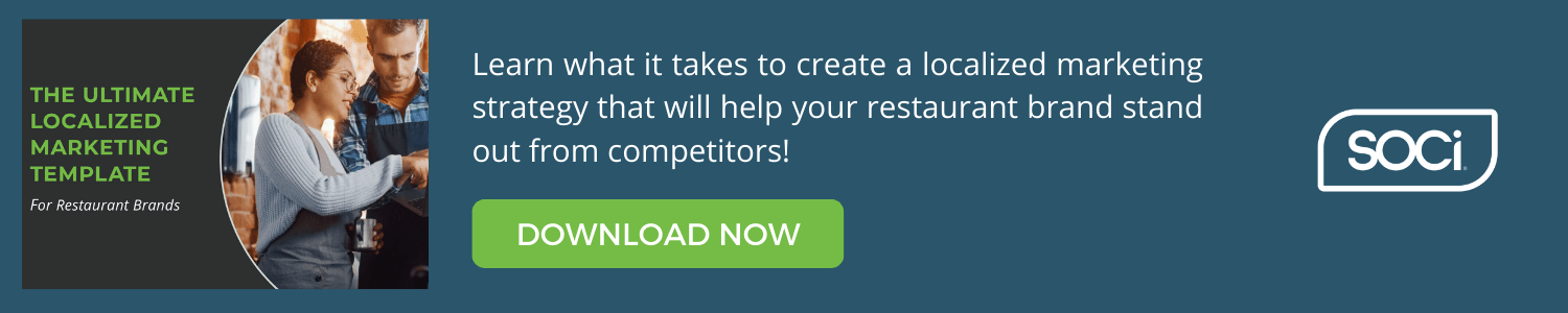 A navy blue rectangular call to action for the Ultimate Localized Marketing Template for Restaurant Brands with a green "Download Now" button
