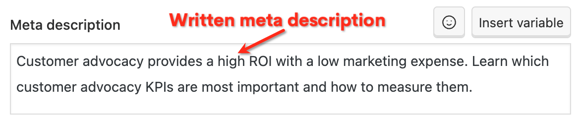 Screenshot of written meta description in Word Press