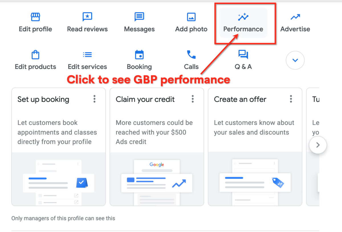 Screenshot of a Google Business Profile Manager with a red box and text signifying where to click to see your GBP performance 