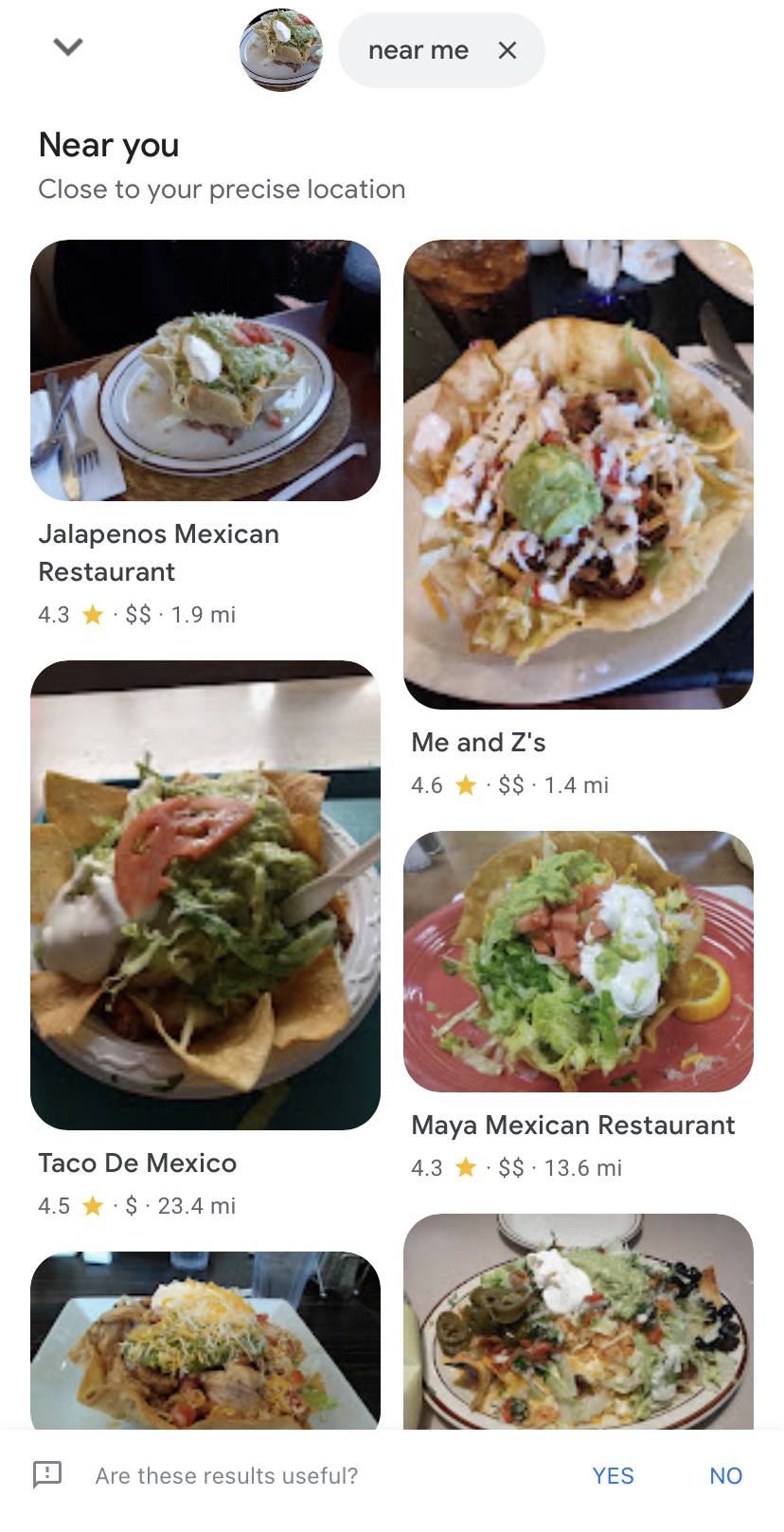 Google Lens multisearch results page for tostada photo plus “near me”