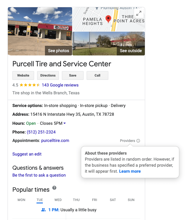 An image of a Google Business Profile for Purcell Tire and Service Center highlighting Google's new disclaimer for third party providers