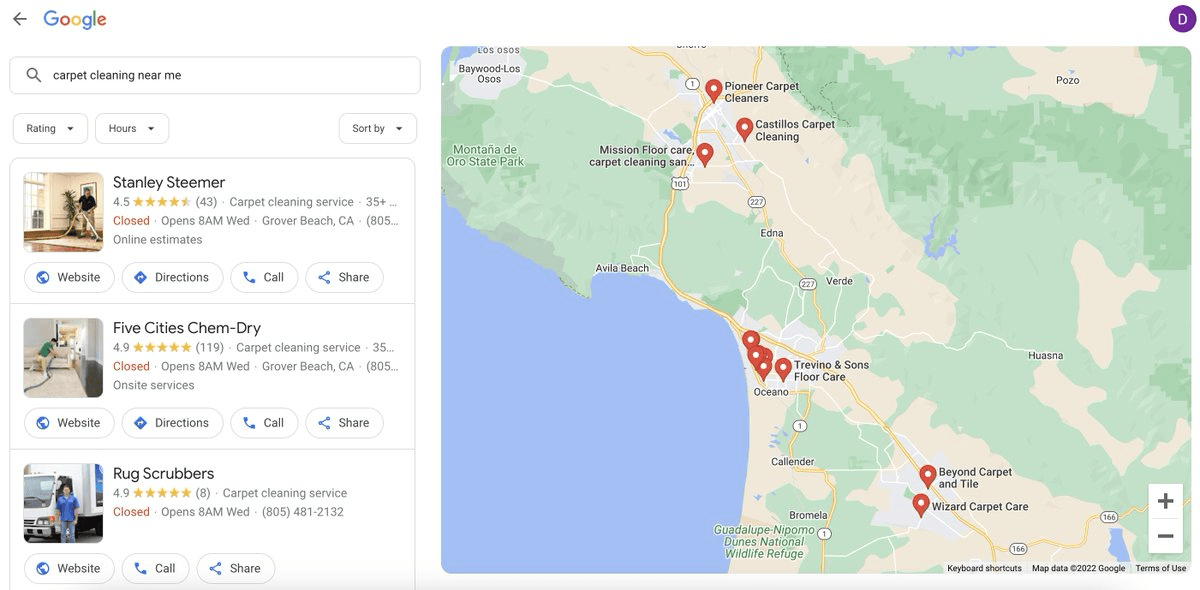 New local finder interface for service-oriented businesses on Google for "carpet cleaning near me"