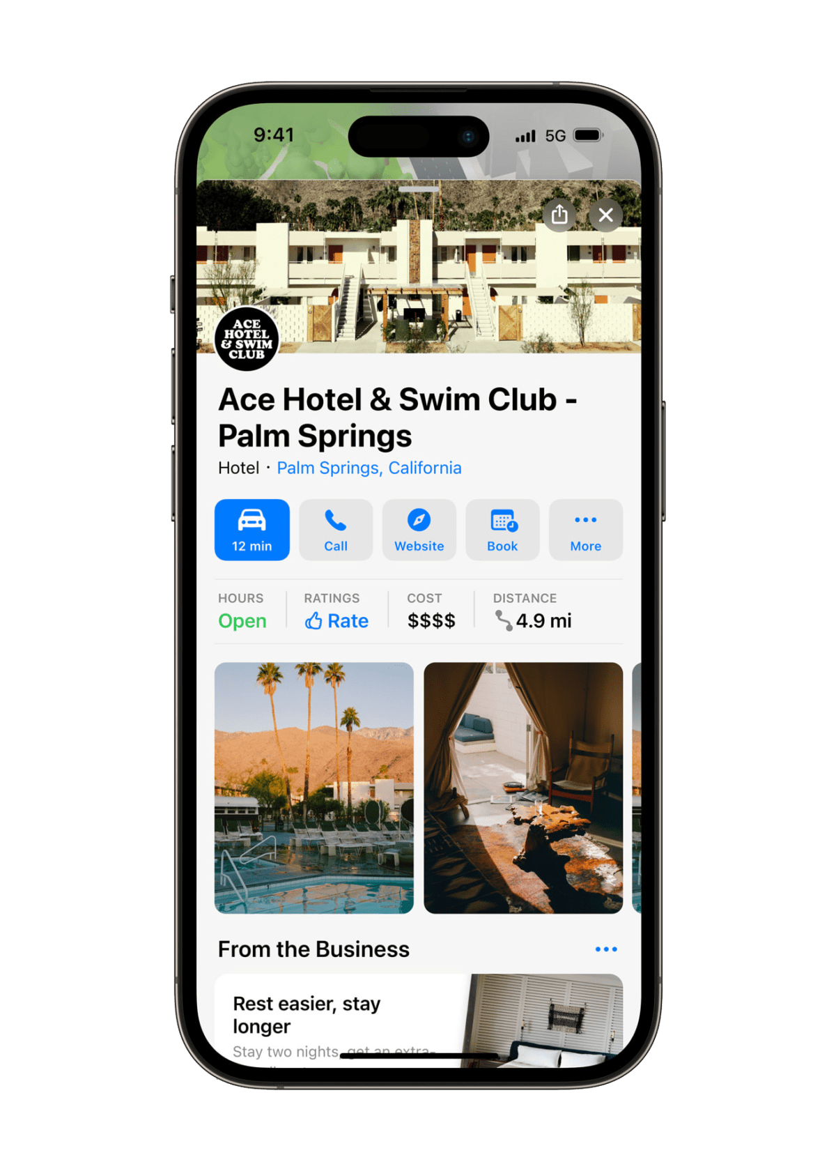Apple Business Connect Example of a hotel laid out on iPhone