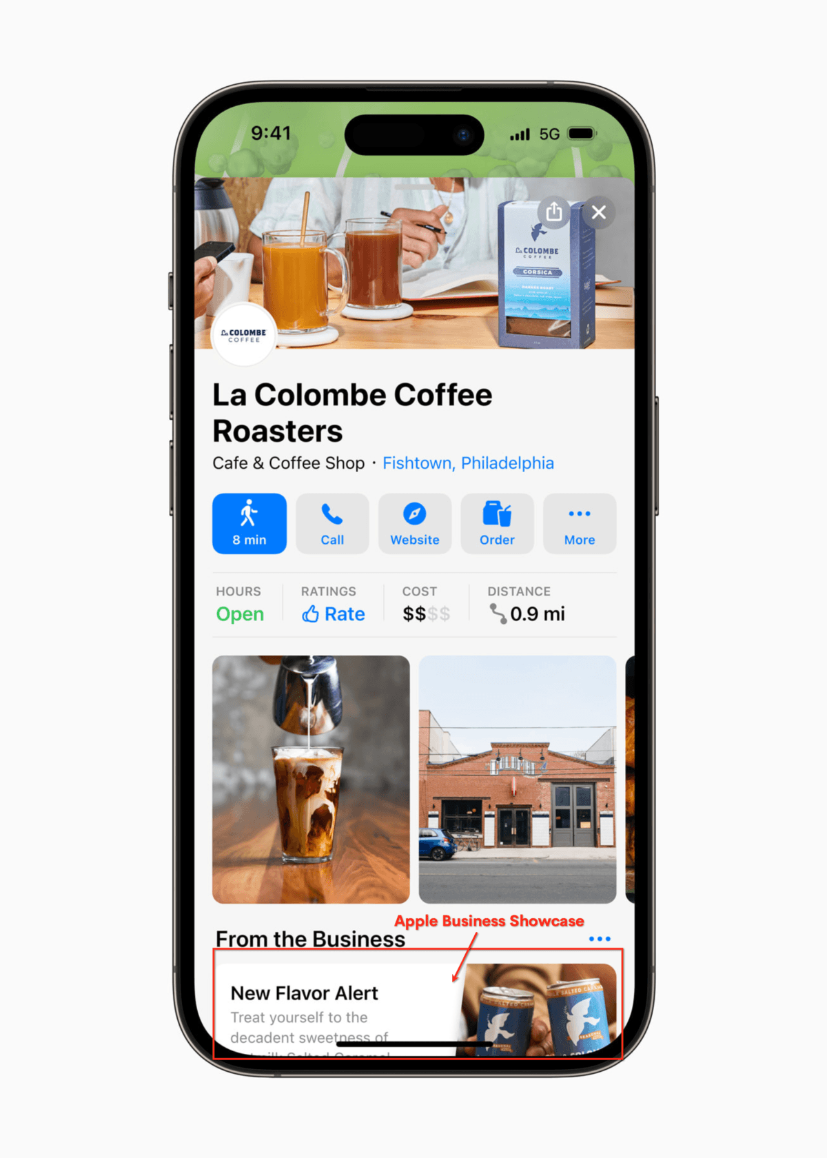 Example of La Colombe Coffee Roasters Apple Business Place Card and Showcase on iPhone