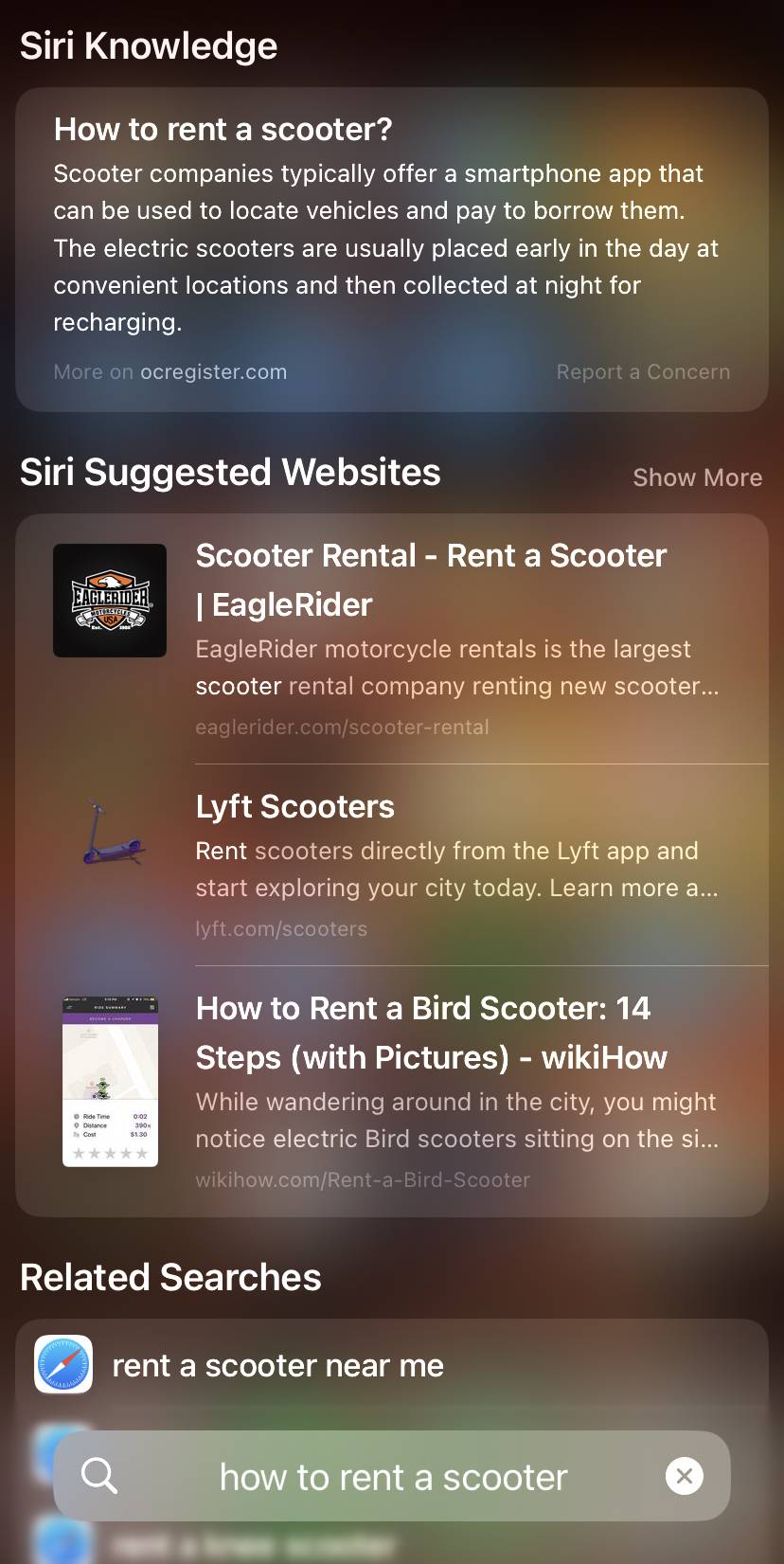 An image showcasing how Apple search works using Siri to search for "How to rent a scooter" 