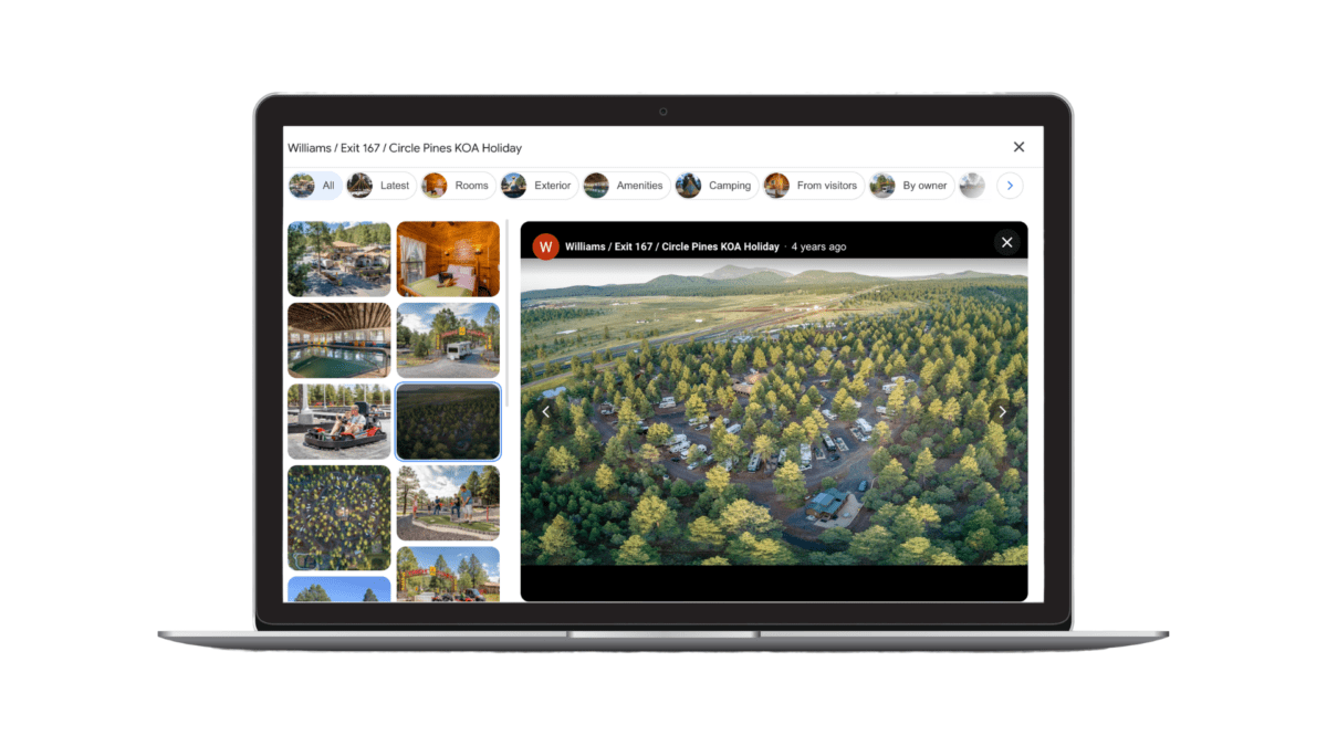 Image of a local KOA’s Google Business Profile photos showing a campground with RVs surrounded by pine trees and other high-quality images of the campground on the left-hand side.