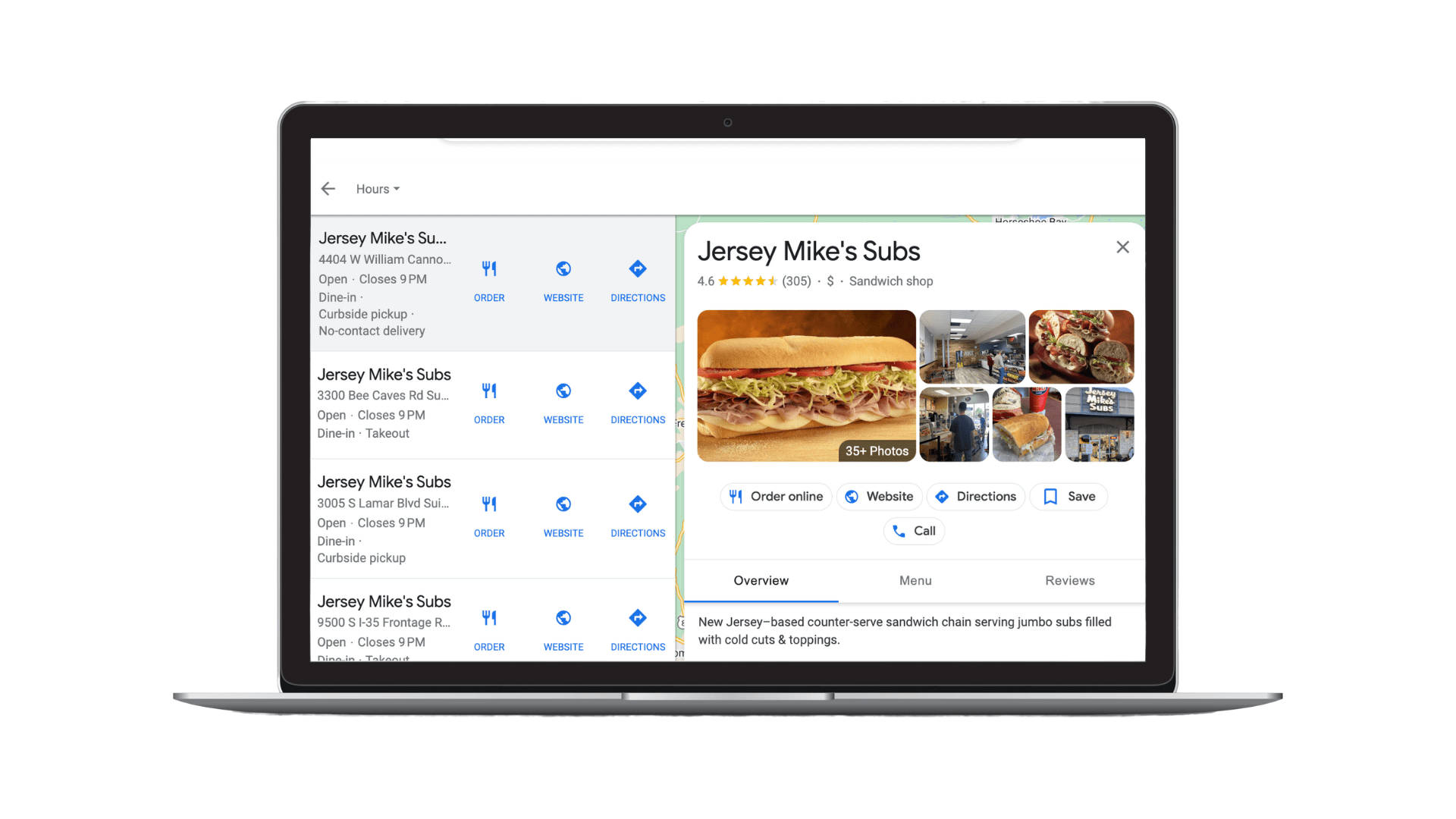 An image of a local listing on Google Business Profile for Jersey Mike's Subs that includes photos of the business location and business information