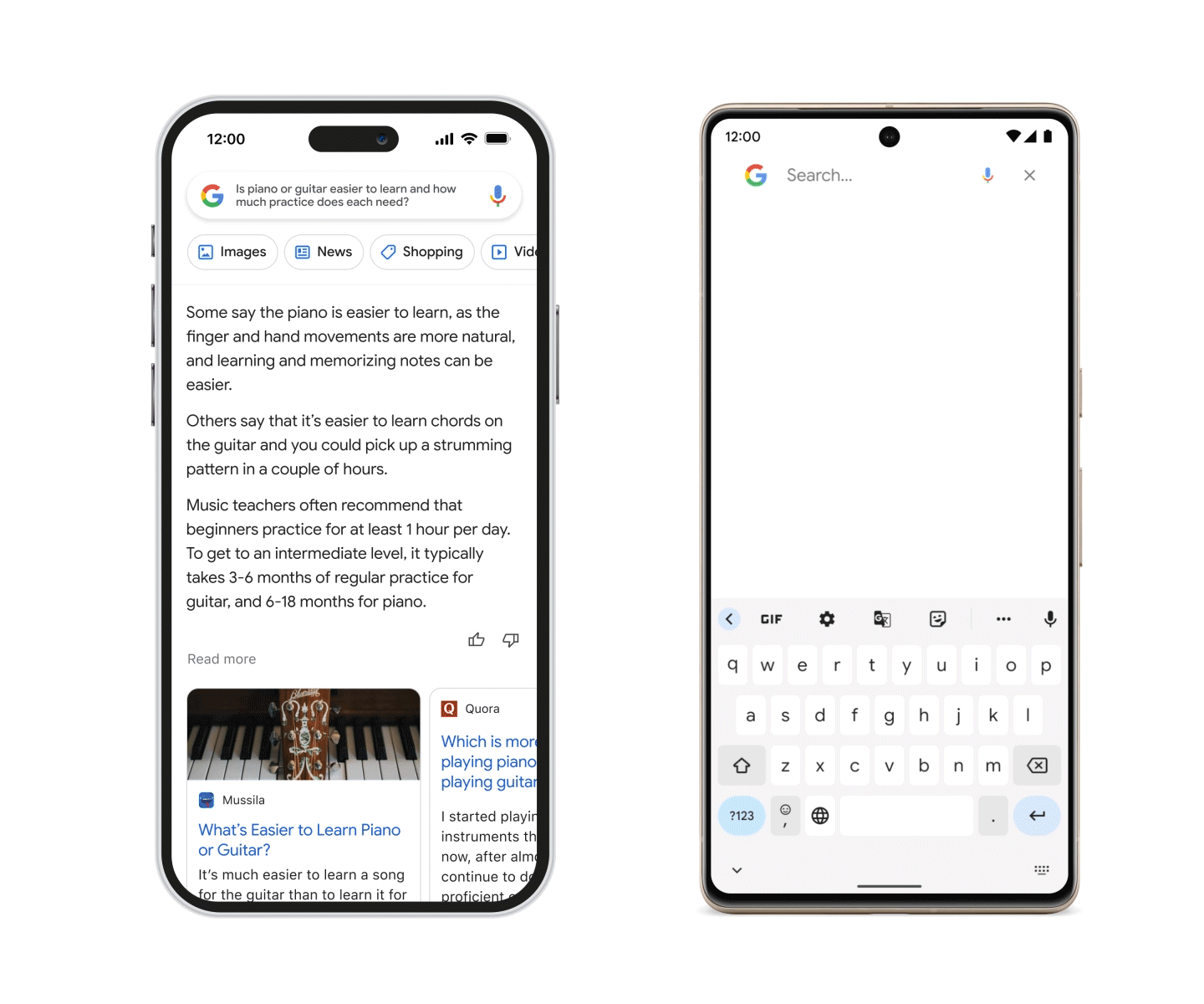Example of Bard AI working on Google Search overlayed on smartphones. The left is static and the right is a gif showing the new search