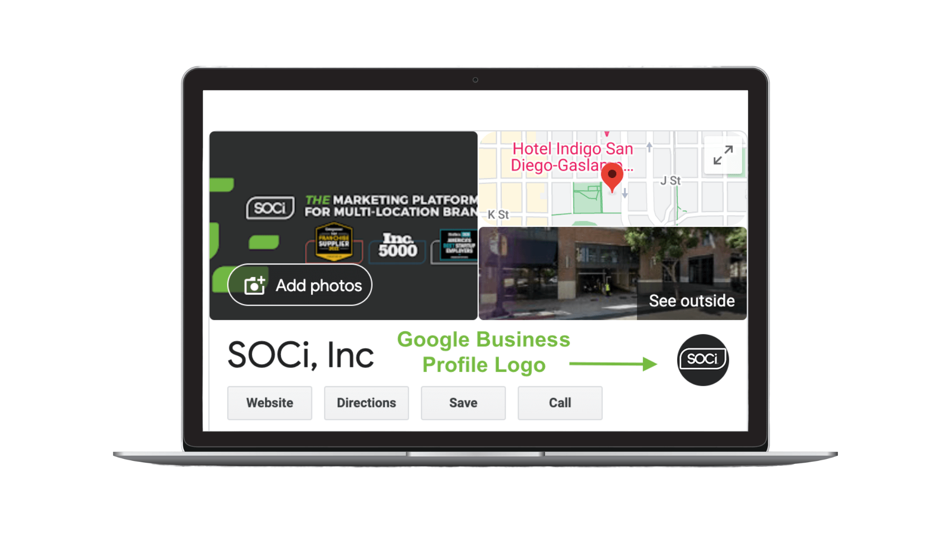 Image of SOCi’s Google Business Profile with a green box, text, and arrow highlighting the GBP Logo