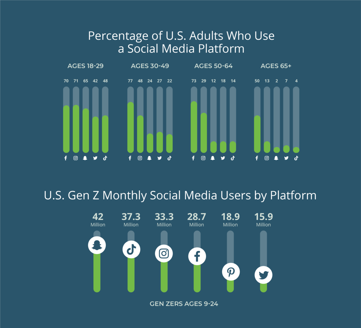 Blue background showing green line bar graphs of age ranges and different social media platforms.