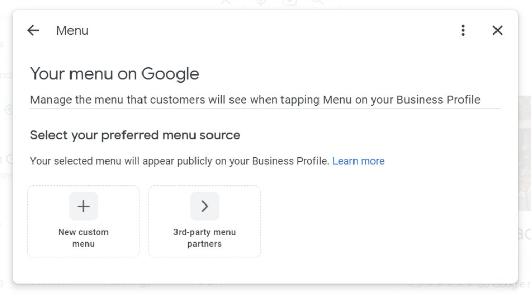 An image from a GBP showing that a restaurant's menu is on Google
