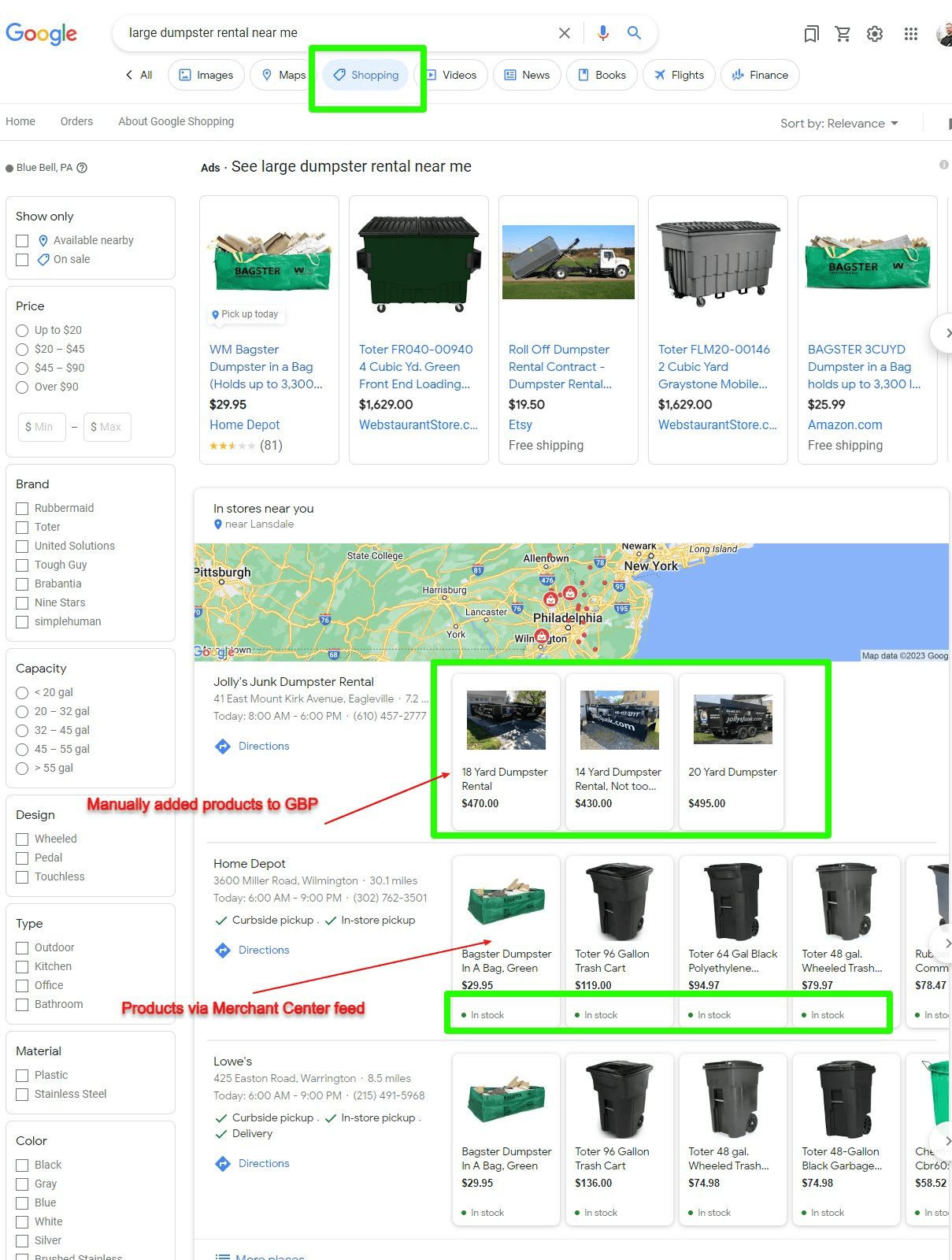 An image showing how Google is now displaying products from businesses in local listings search results