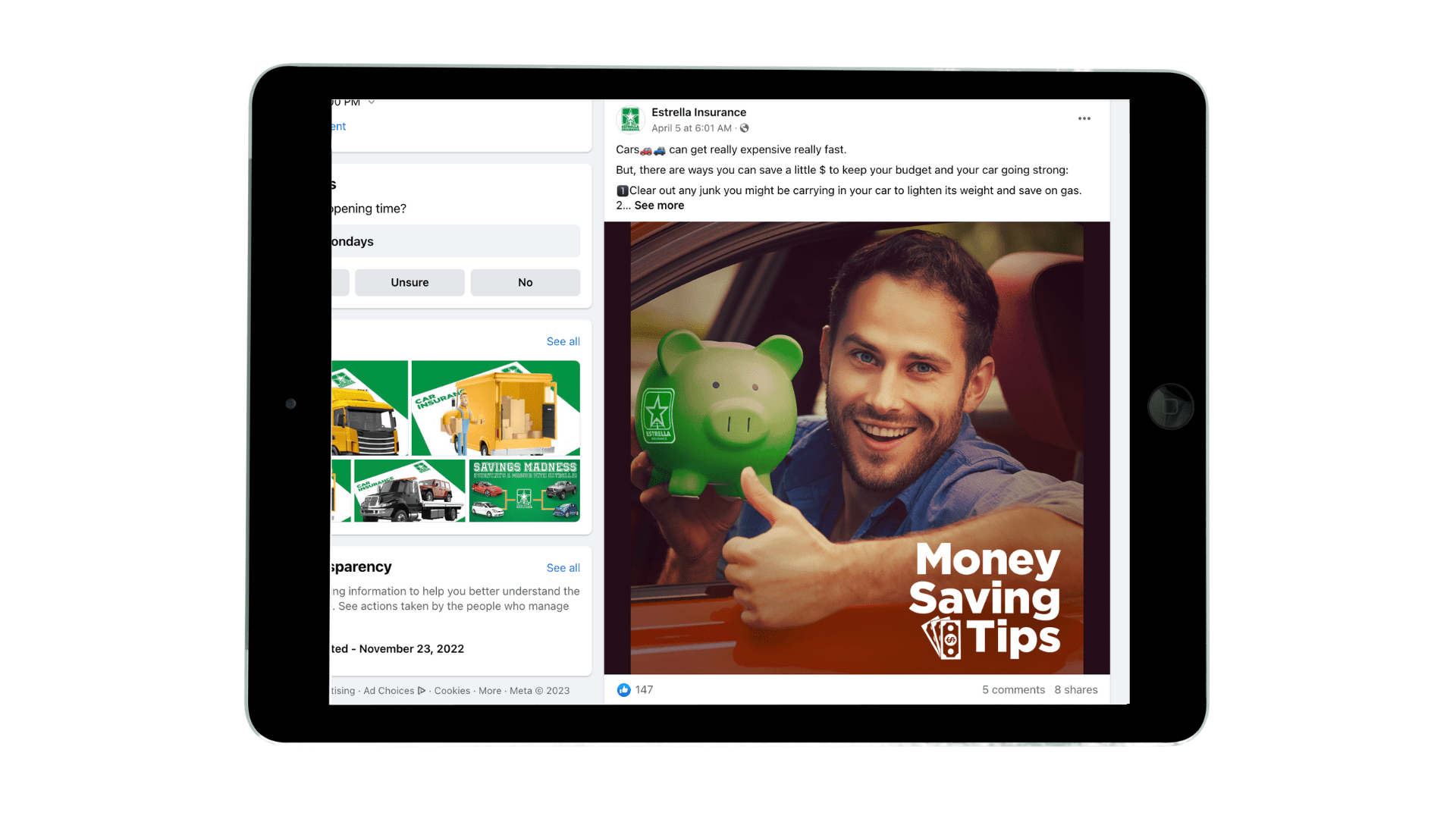A picture of a young man giving a thumbs up inside a car and holding a green piggy bank with a Facebook caption written above and Money Saving Tips in white in the bottom right corner.
