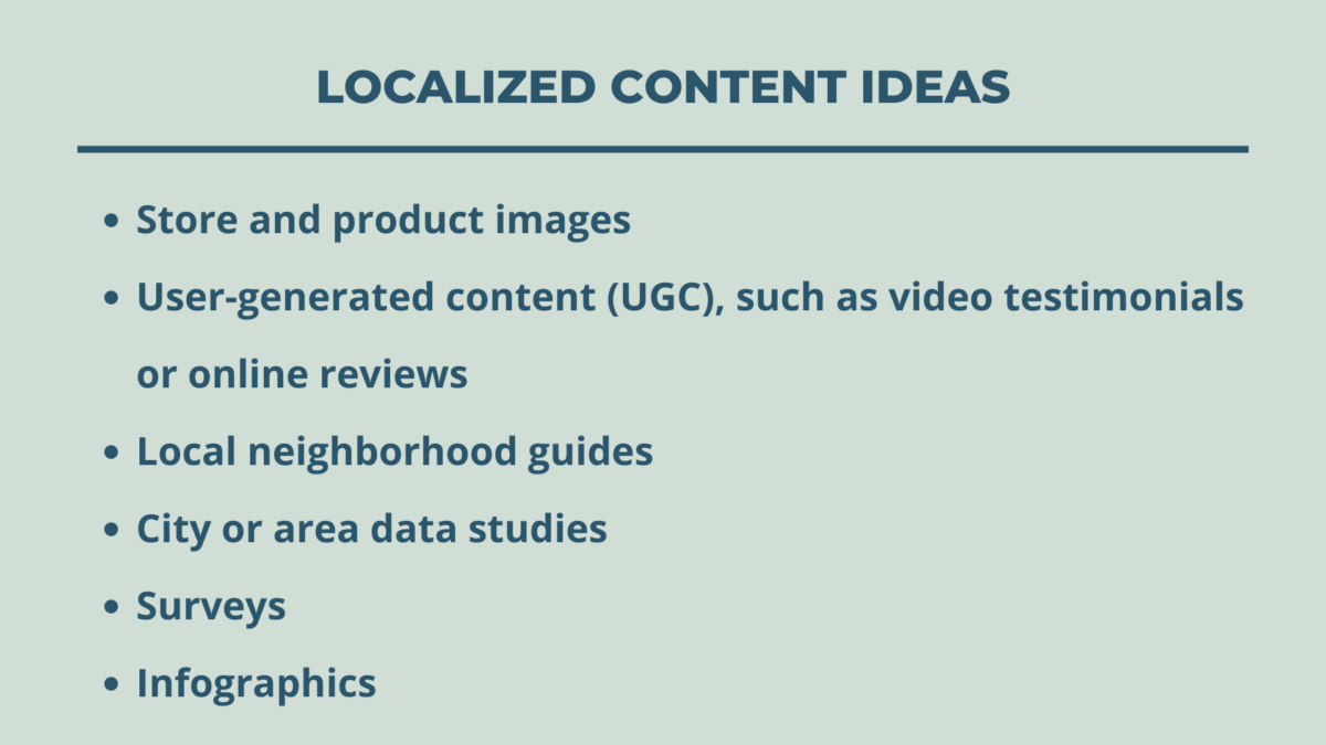 Dark blue header and bullet point text listing localized content ideas on a light seafoam green background