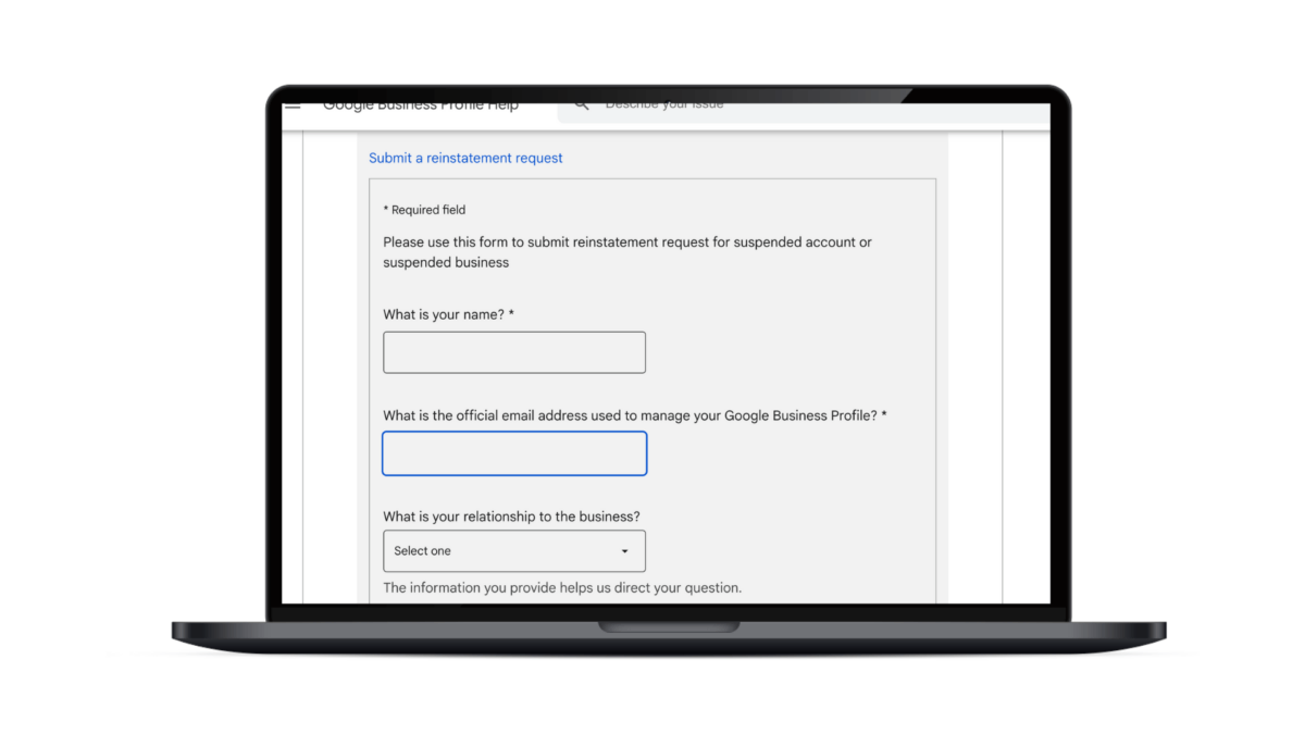 An image showing Google's reinstatement form for suspended profiles