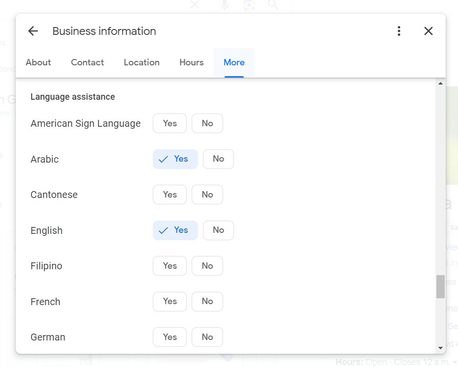 An image showing different languages you can select in Google Business Profile
