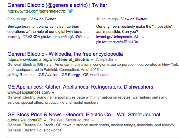 General Electric Search Rankings