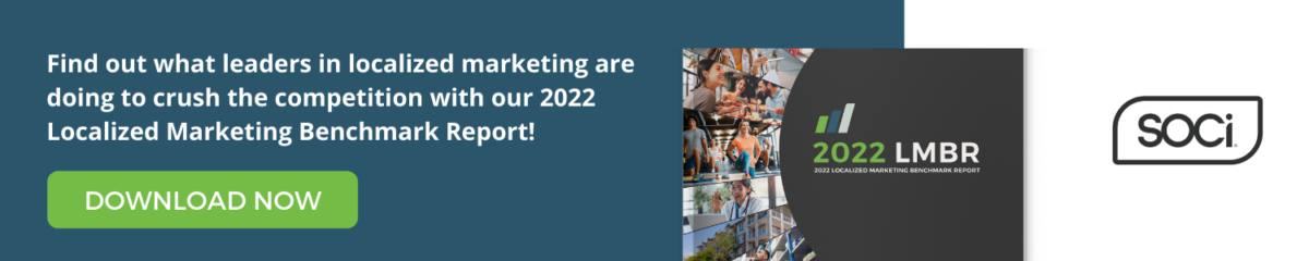 SOCi's 2022 Localized Marketing Benchmark Report short CTA with a green download button, blue background with images of people and white font